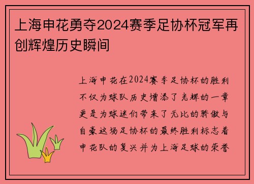上海申花勇夺2024赛季足协杯冠军再创辉煌历史瞬间