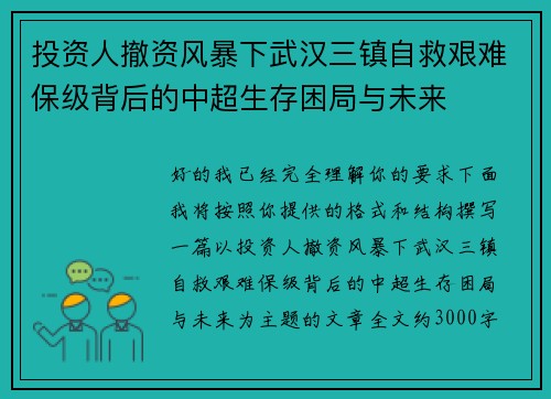 投资人撤资风暴下武汉三镇自救艰难保级背后的中超生存困局与未来